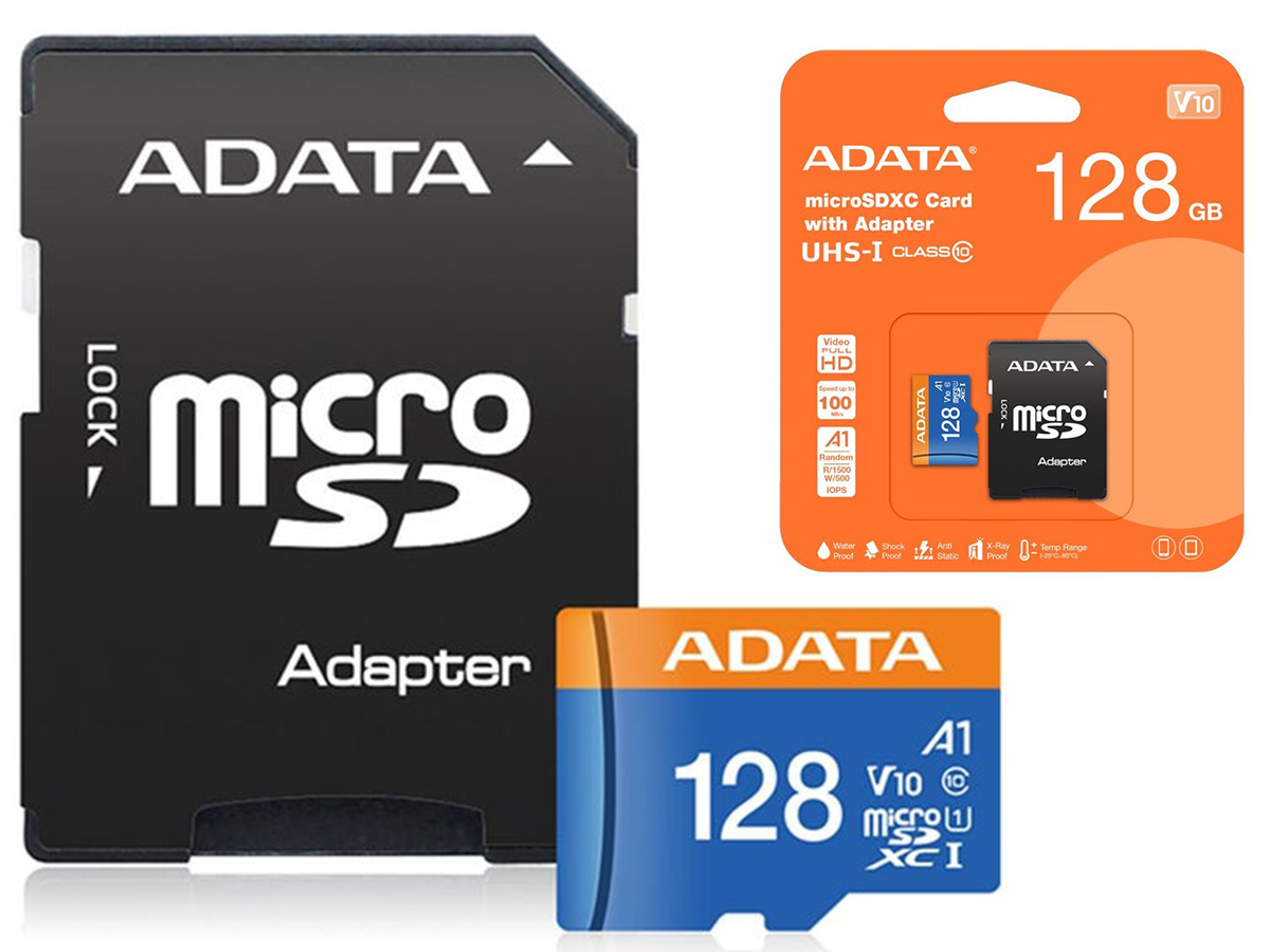Close-up of Micro SD card 128GB with adapter included