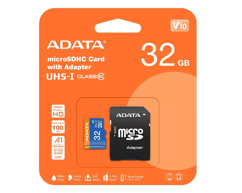Side angle of ADATA 32GB micro SD Card with adapter