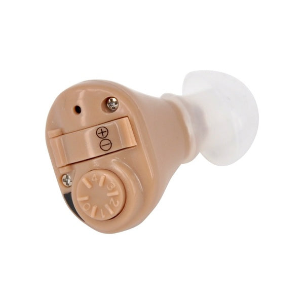 Hearing aid sound amplifier displayed with cleaning brush and carry box