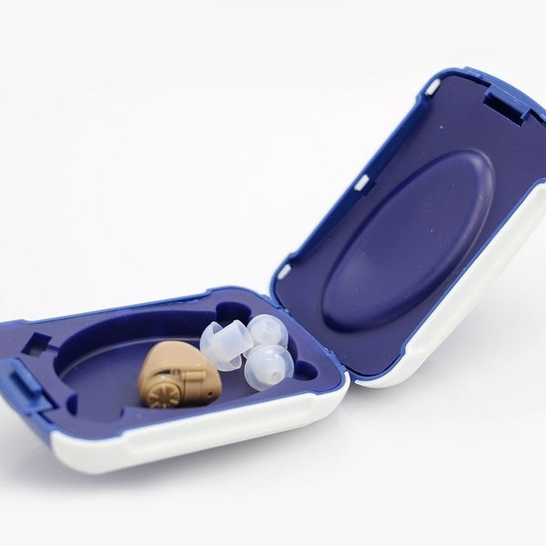 Hearing aid sound amplifier showing compact ABS plastic case