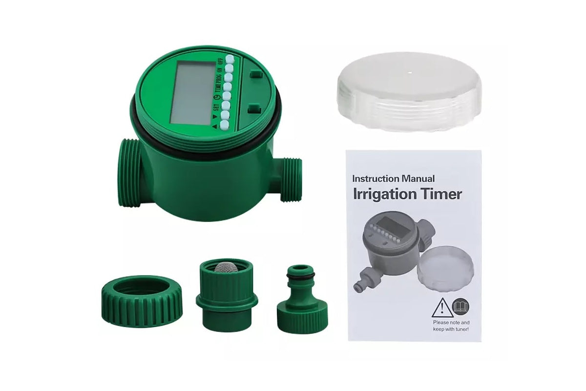 Side view of irrigation timer with plastic casing and tap connection
