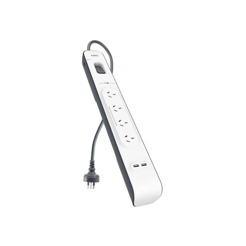 Surge power board showing 4 AC outlets and USB charging ports