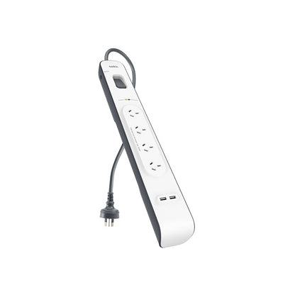 Surge power board showing 4 AC outlets and USB charging ports