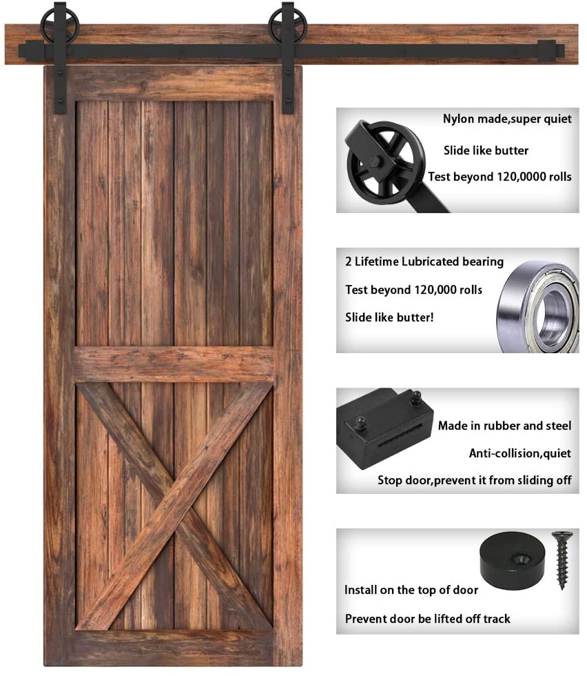 Barn door hardware showing T floor guide for door stability
