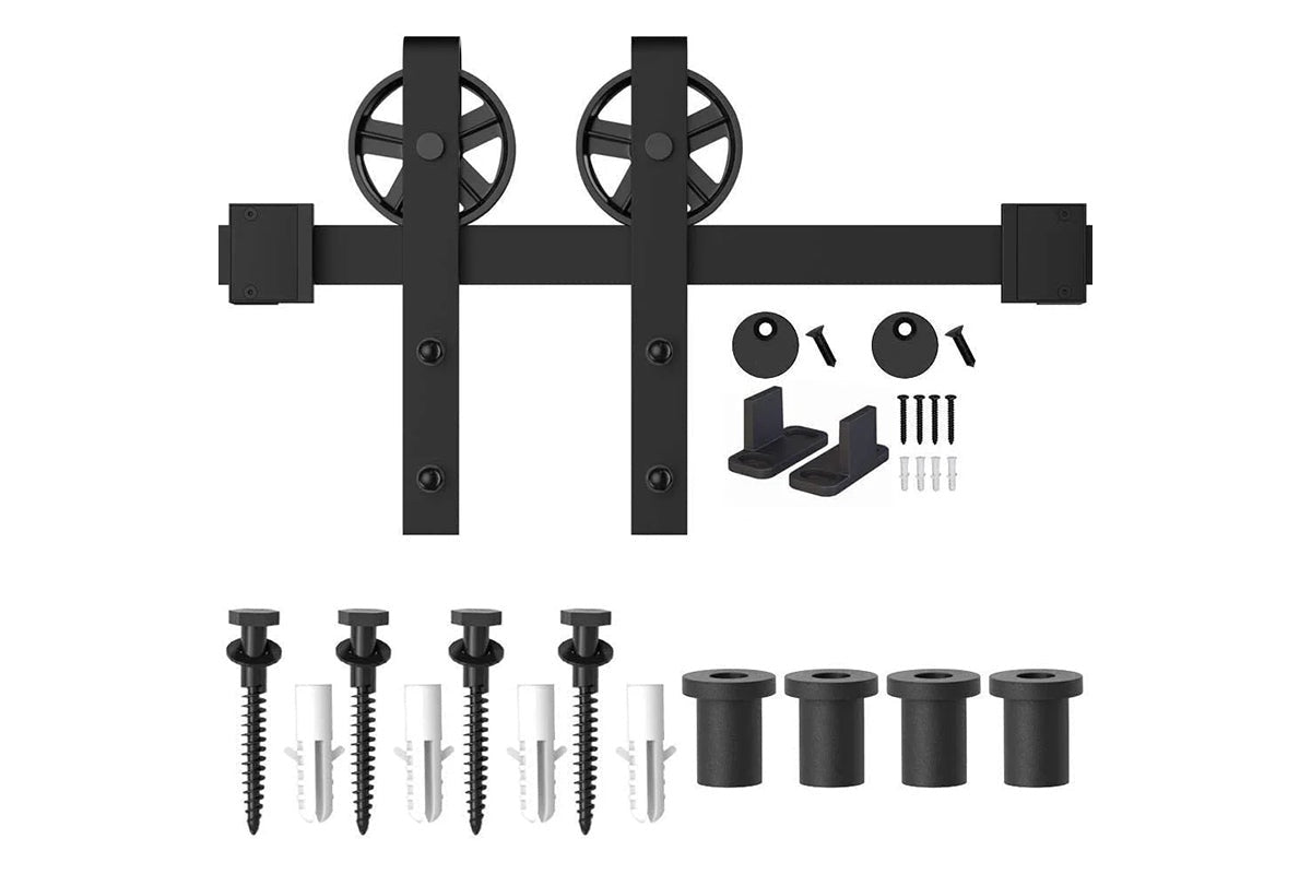 Close up of heavy duty steel roller on barn door hardware