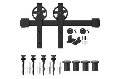 Close up of heavy duty steel roller on barn door hardware
