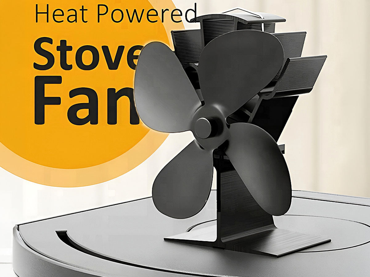 Side view of heat powered stove fan on wood stove