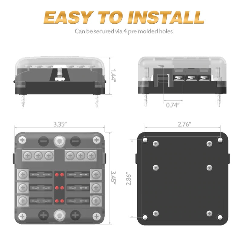 Compact 6 circuit fuse block suitable for automotive use