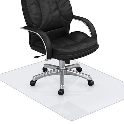 Clear chair mat showing full 120cm by 90cm size on wooden floor