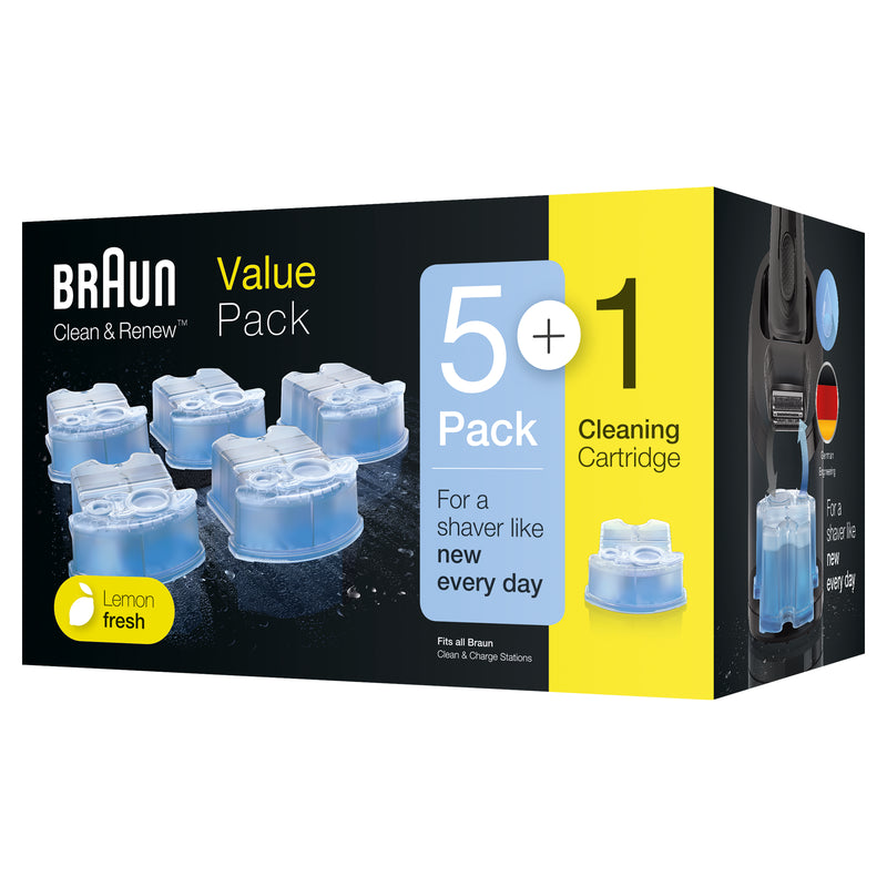 Braun Clean and Charge refills pack showing six cartridges