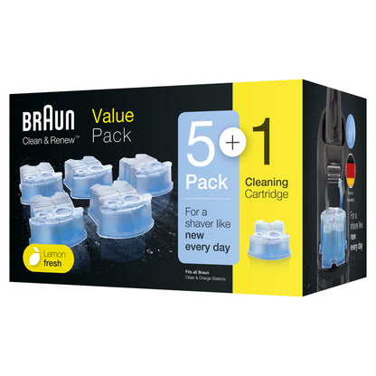 Braun Clean and Charge refills pack showing six cartridges