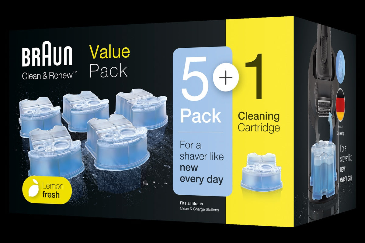 Close up of Braun Clean and Charge refill cartridge with lemon fresh label