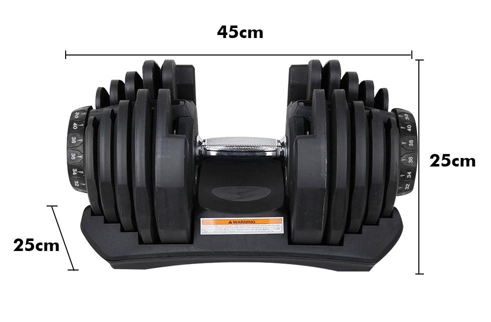 Adjustable dumbbell set showing compact size for home gym