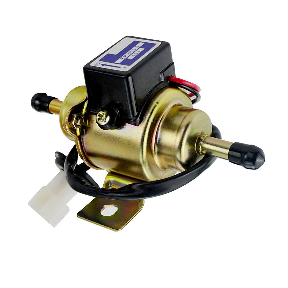 Side view of 12V fuel pump with 14 inch tubing fitting