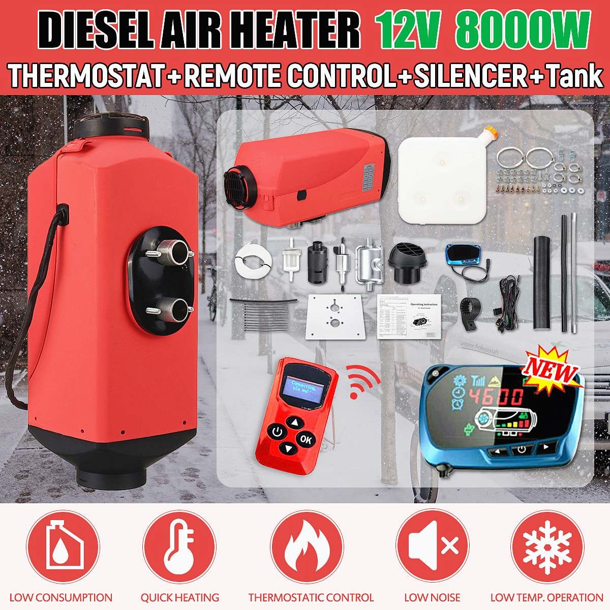 Back view of diesel air heater 8KW 12V with exhaust muffler
