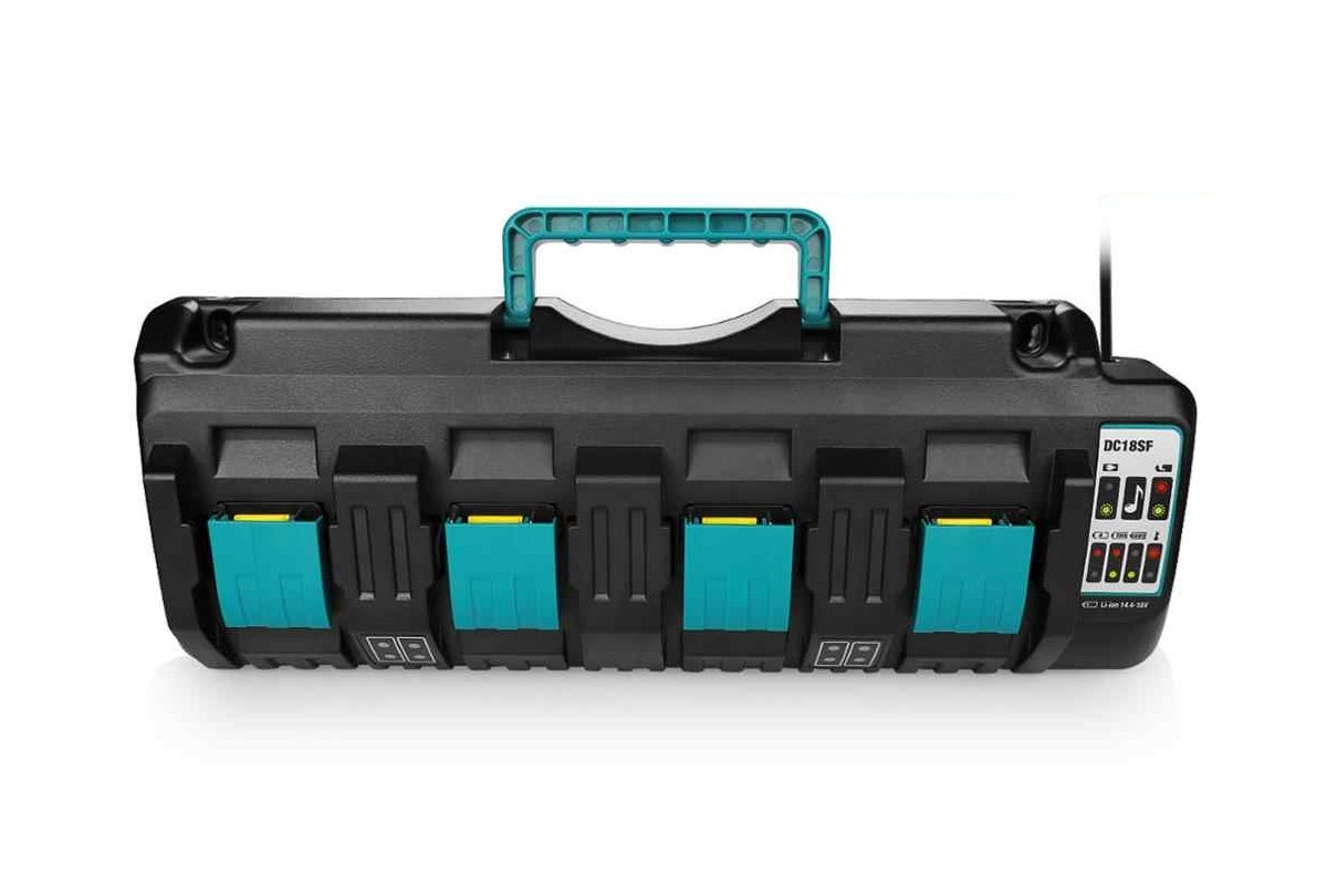 Side angle of Makita 144-18V charger with LED indicator lights
