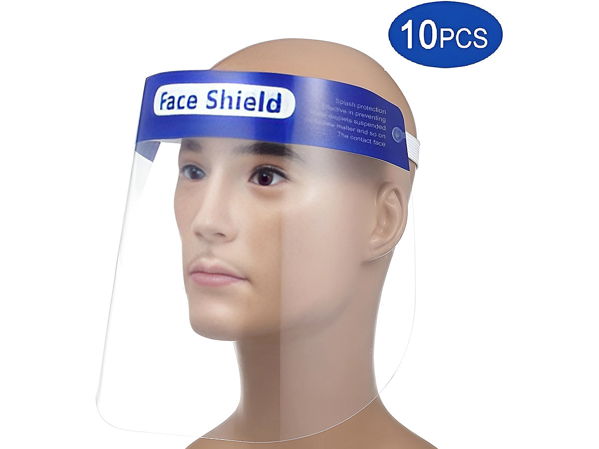 Side angle of protective face shield showing transparent PET material