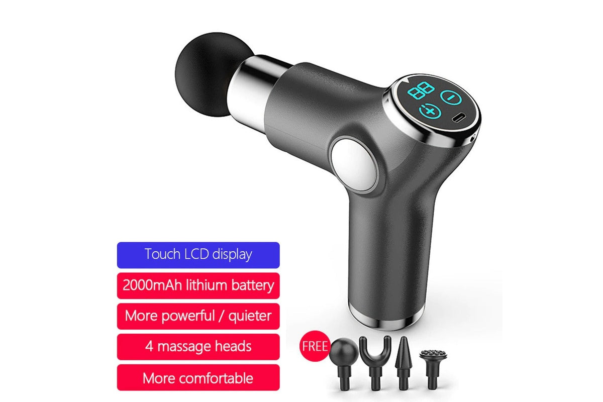 Side view of portable percussion massager with silicone grip