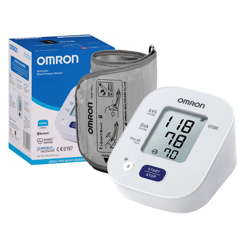 Omron blood pressure monitor front view showing white casing