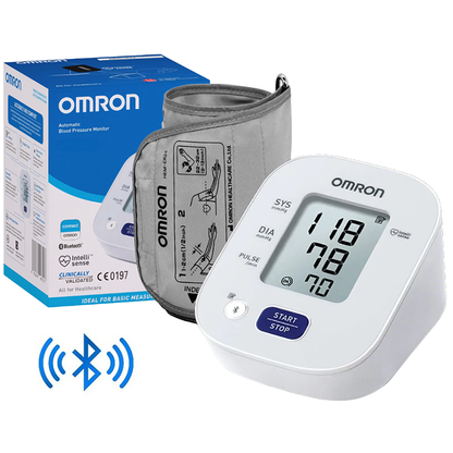 Side angle of Omron blood pressure monitor with Bluetooth symbol