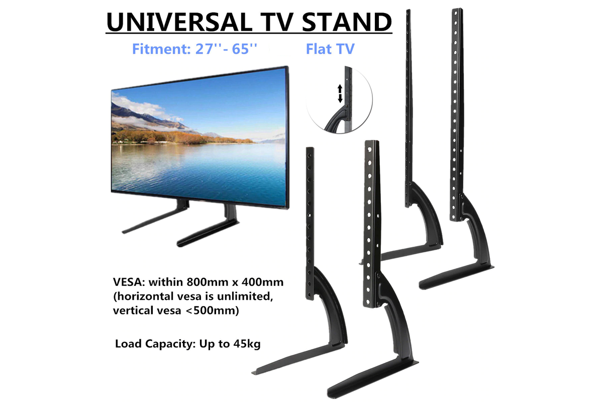 Close-up of VESA mount compatibility on TV stand
