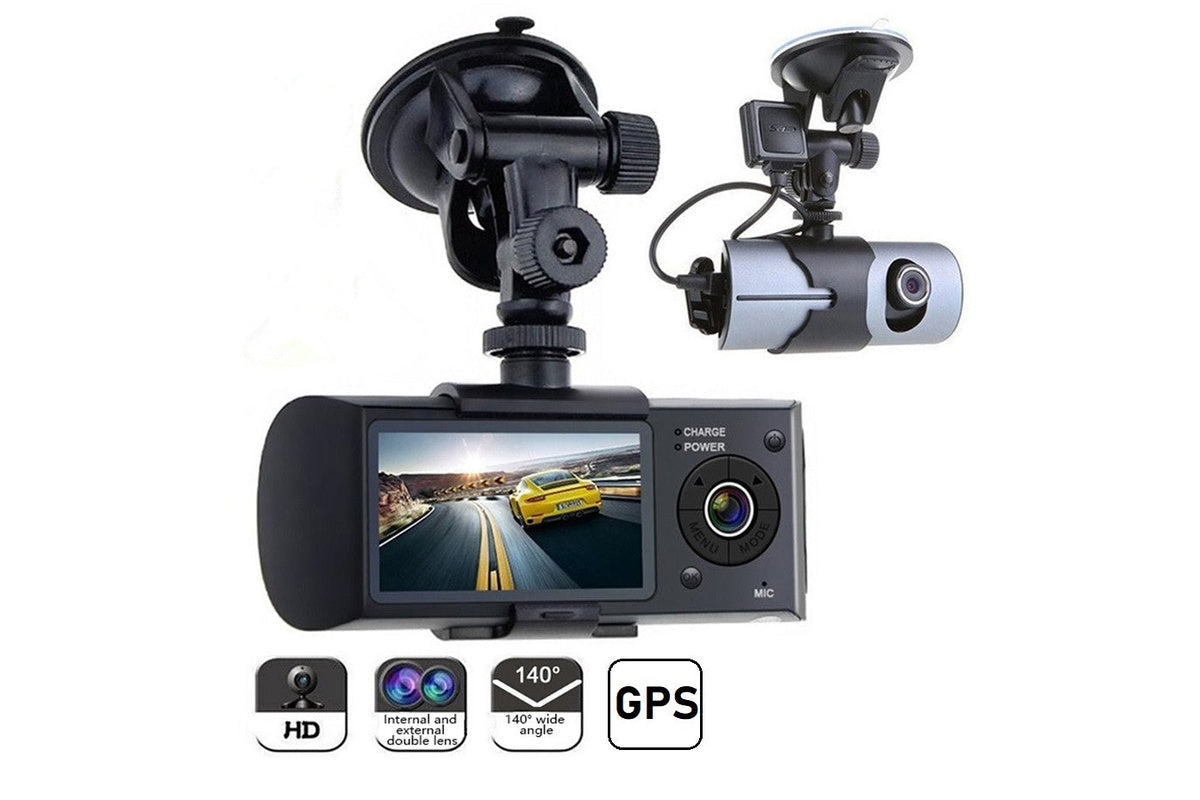 Rear lens of dual car dash camera with wide 170 degree angle