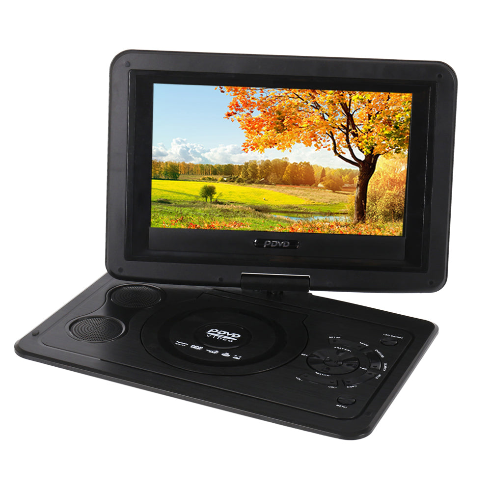 Portable DVD player showing menu screen with multiple disc format options
