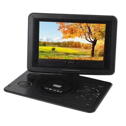 Portable DVD player showing menu screen with multiple disc format options