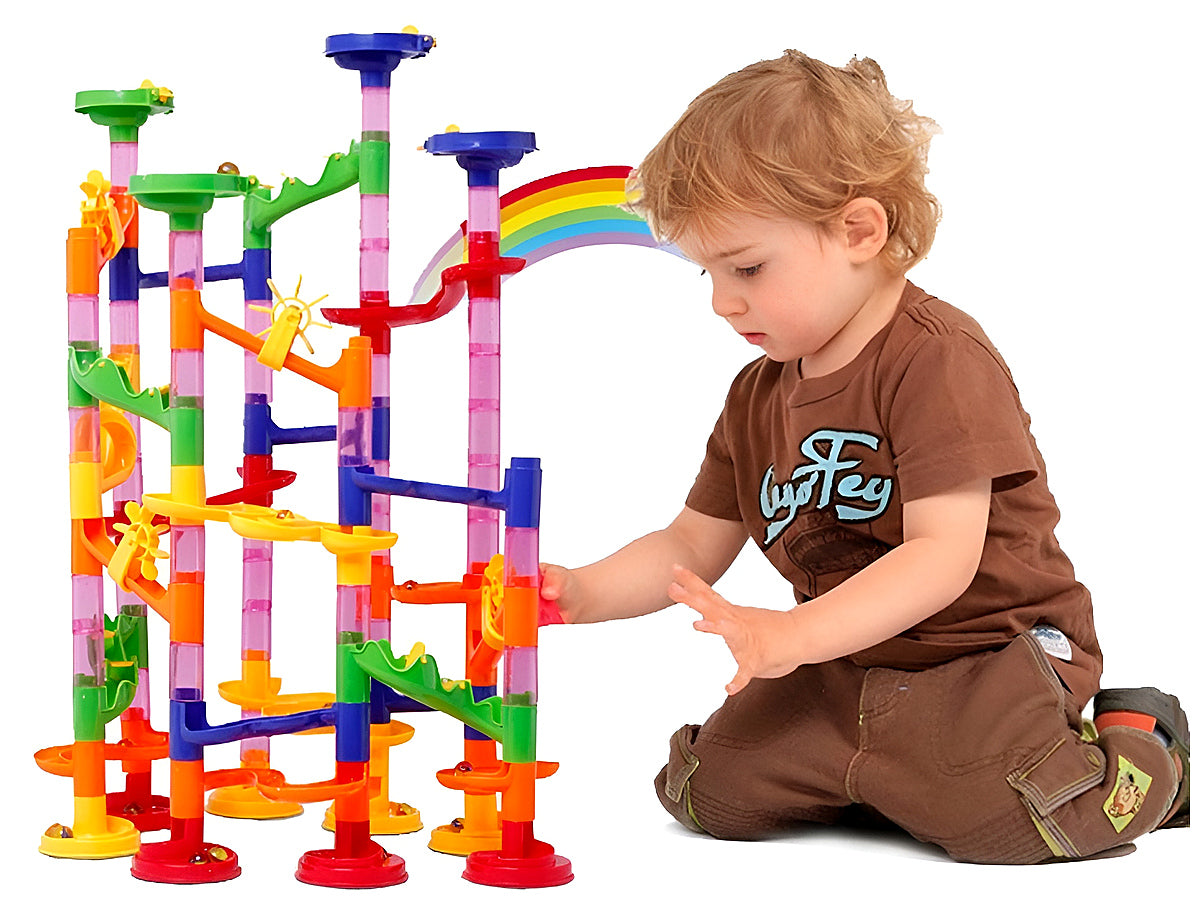 Child assembling Marble Run Track Toys pieces