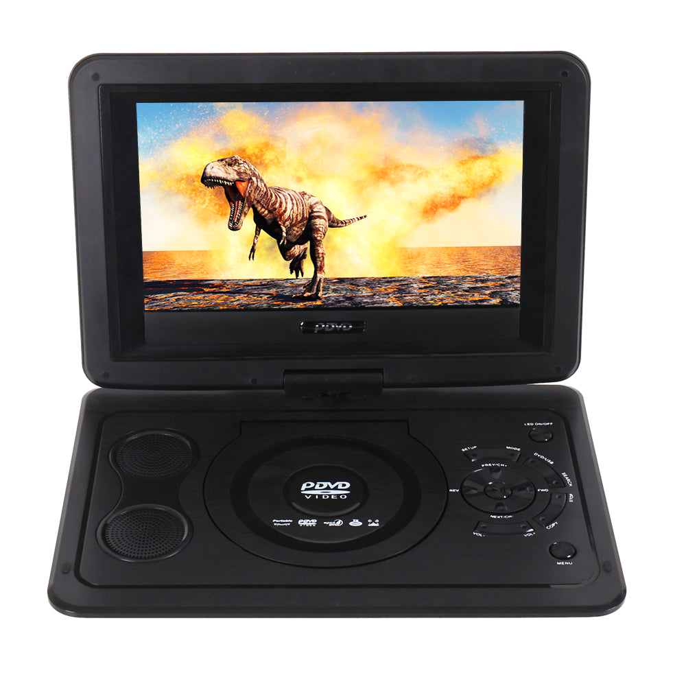 Portable DVD player showing menu screen with multiple disc format options