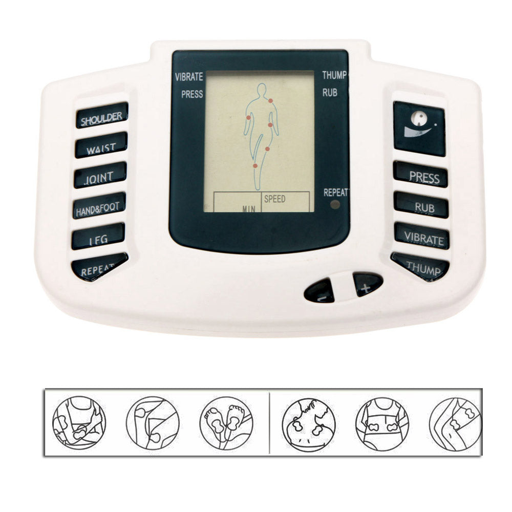 Tens machine massager showing 4 electrode pads placement