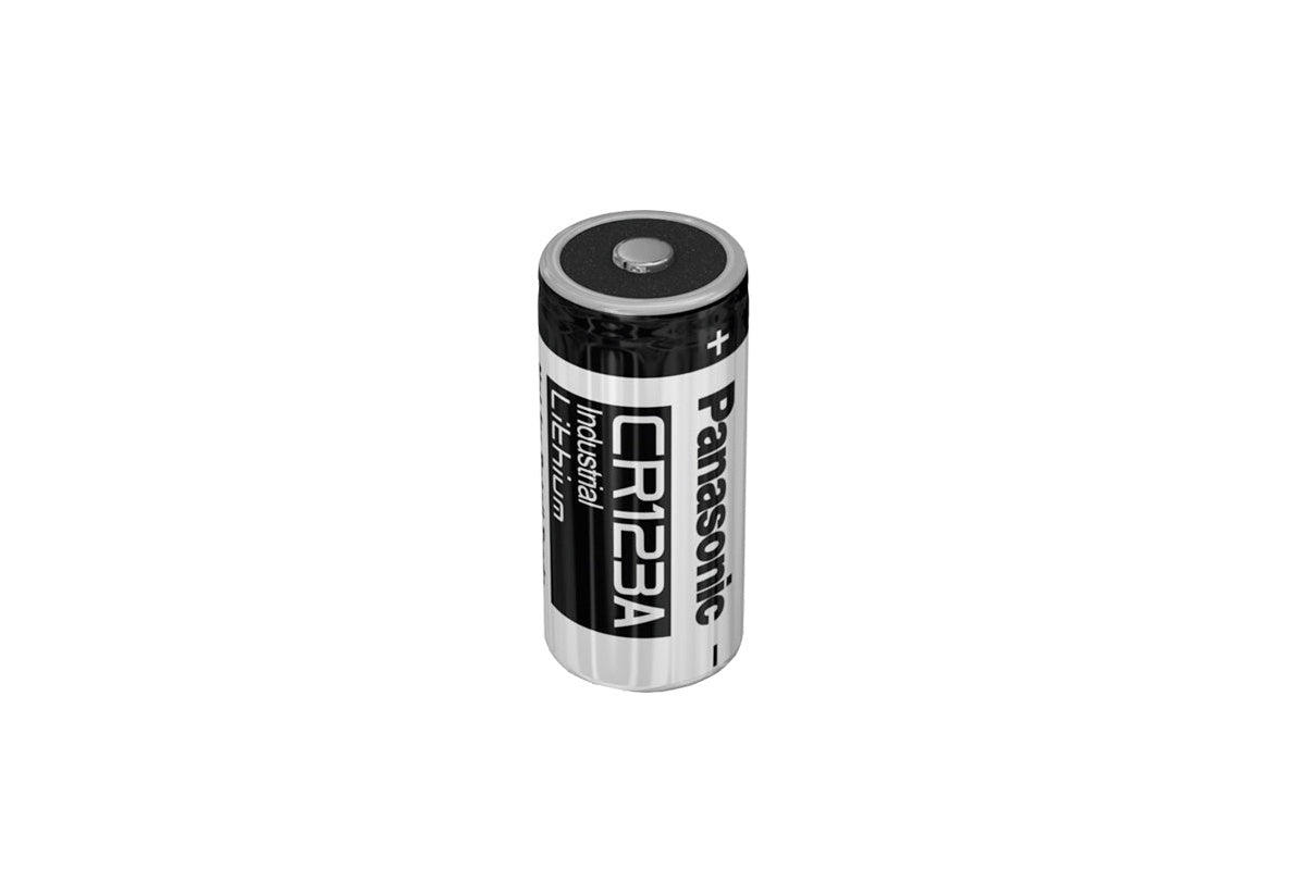 Top angle of CR123A Panasonic battery with clear label