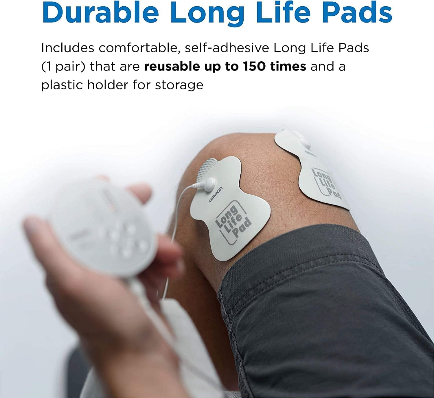 Handheld Omron TENS machine in use on lower back