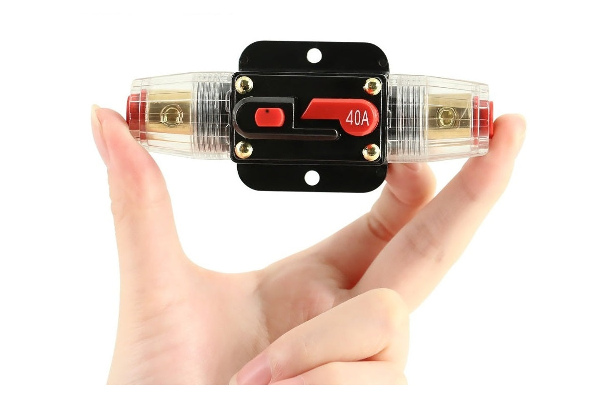 Side angle of inline breaker solar controller 40A highlighting plastic casing