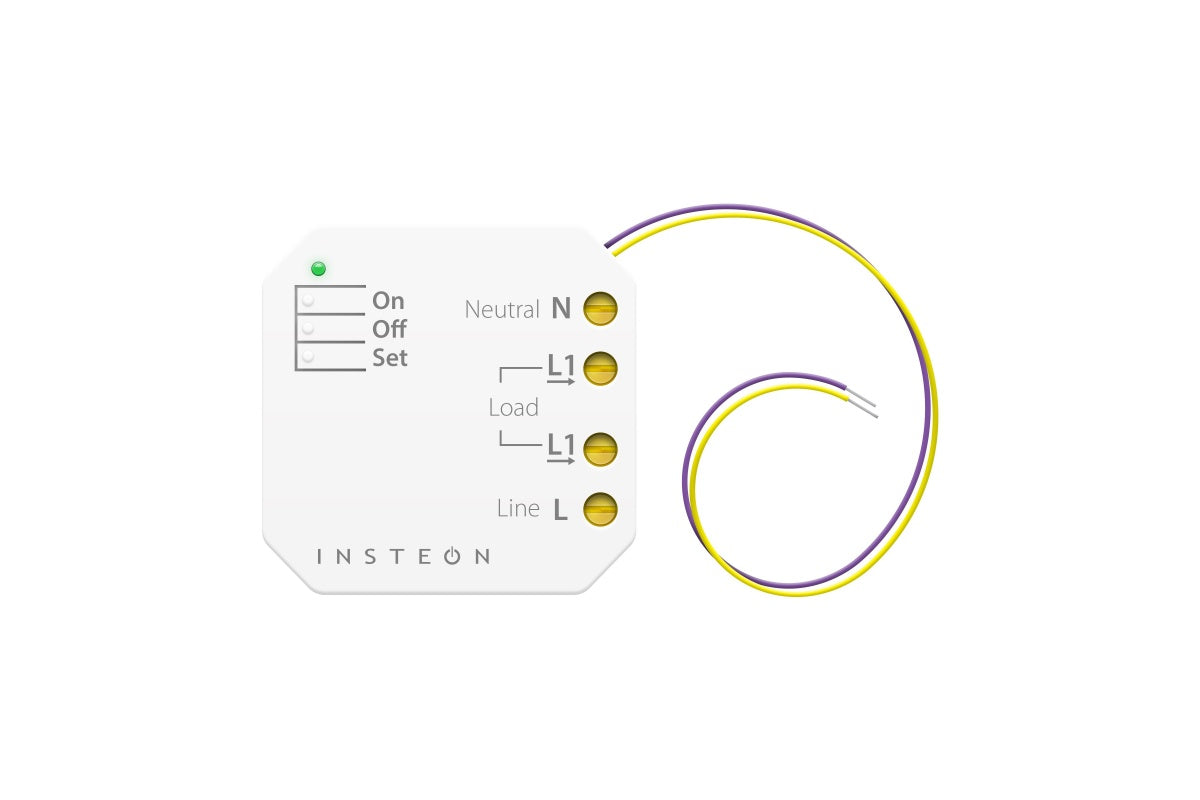Close-up of compact Insteon micro relay showing wiring connections