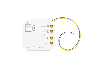 Close-up of compact Insteon micro relay showing wiring connections