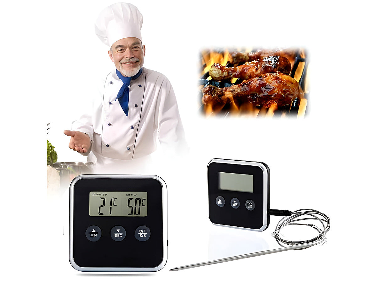 Digital meat thermometer with timer function on kitchen bench
