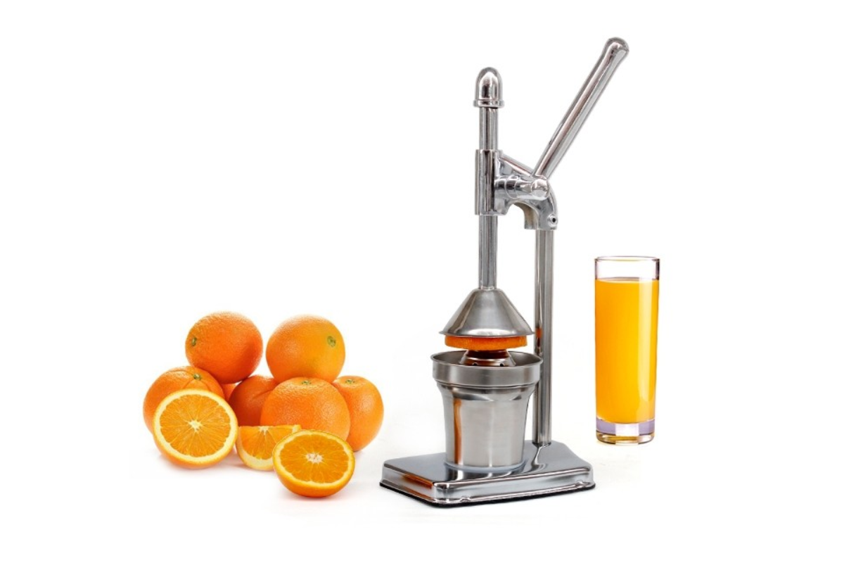 Close up of silver stainless steel juicer handle