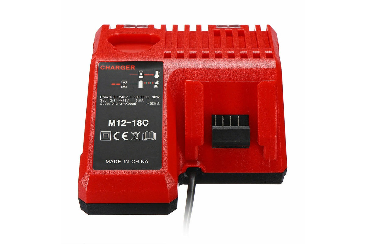 Side angle of Milwaukee charger M12-18C with power input visible