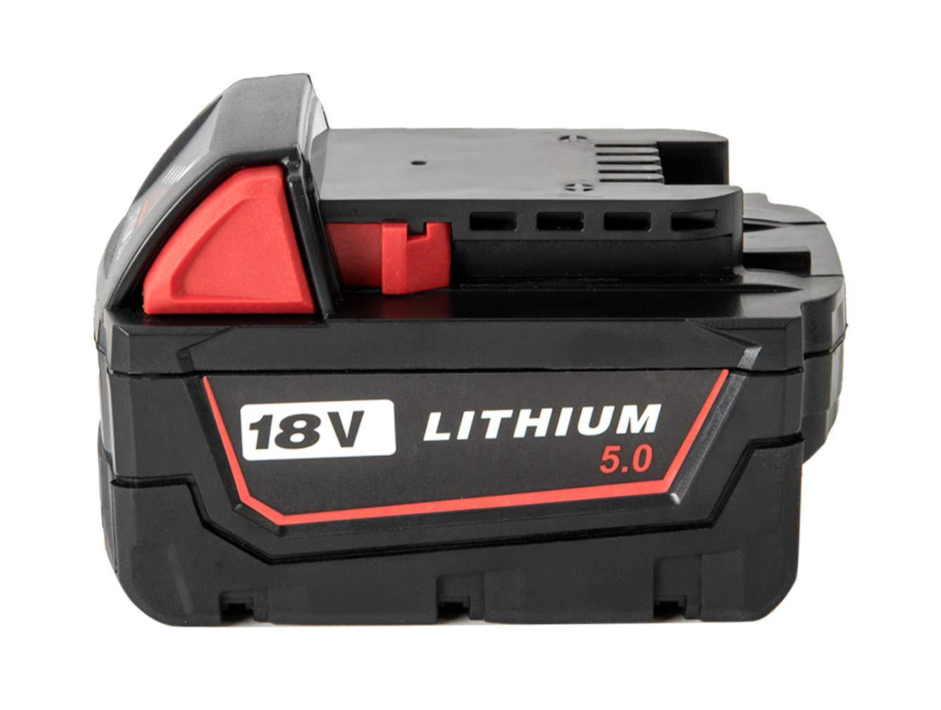 Top view of Milwaukee M18 18V 5Ah battery with label