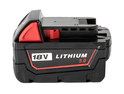 Top view of Milwaukee M18 18V 5Ah battery with label