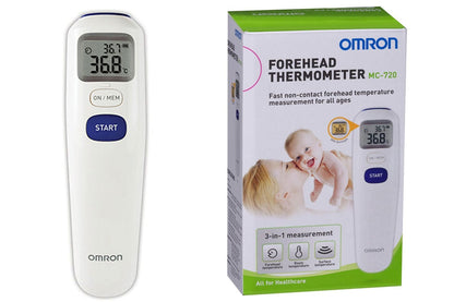 Side view of Omron forehead thermometer in white plastic casing