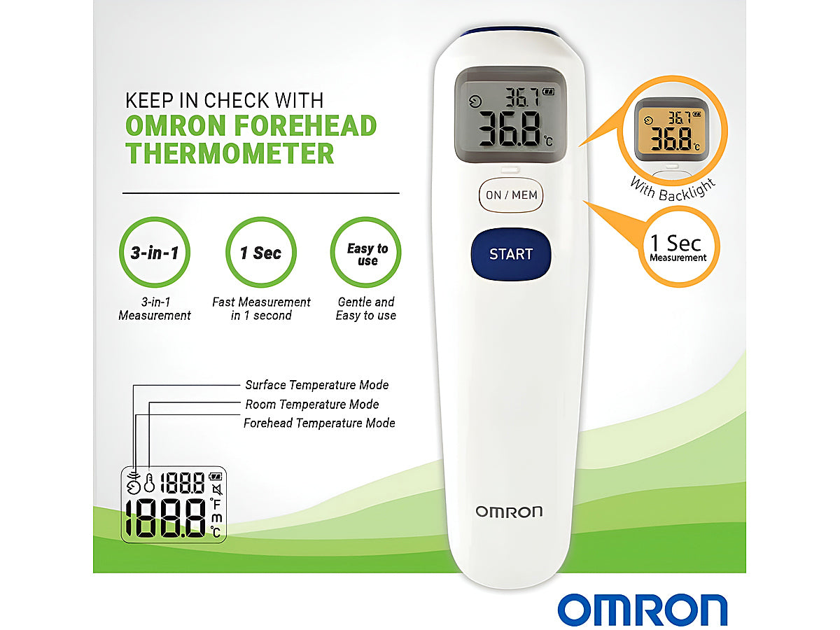 Close-up of non-contact infrared sensor on Omron thermometer