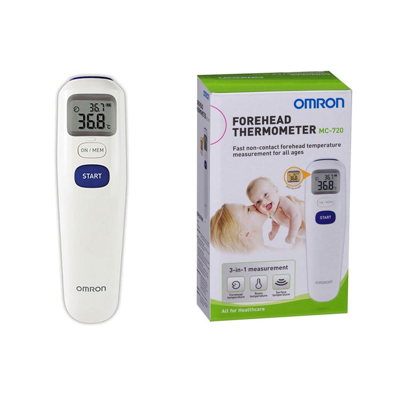 Omron forehead thermometer MC-720 showing digital backlit display