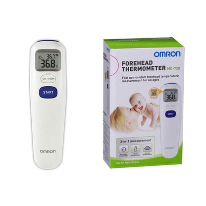 Omron forehead thermometer MC-720 showing digital backlit display