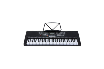 Side angle of electronic piano keyboard showing LCD display