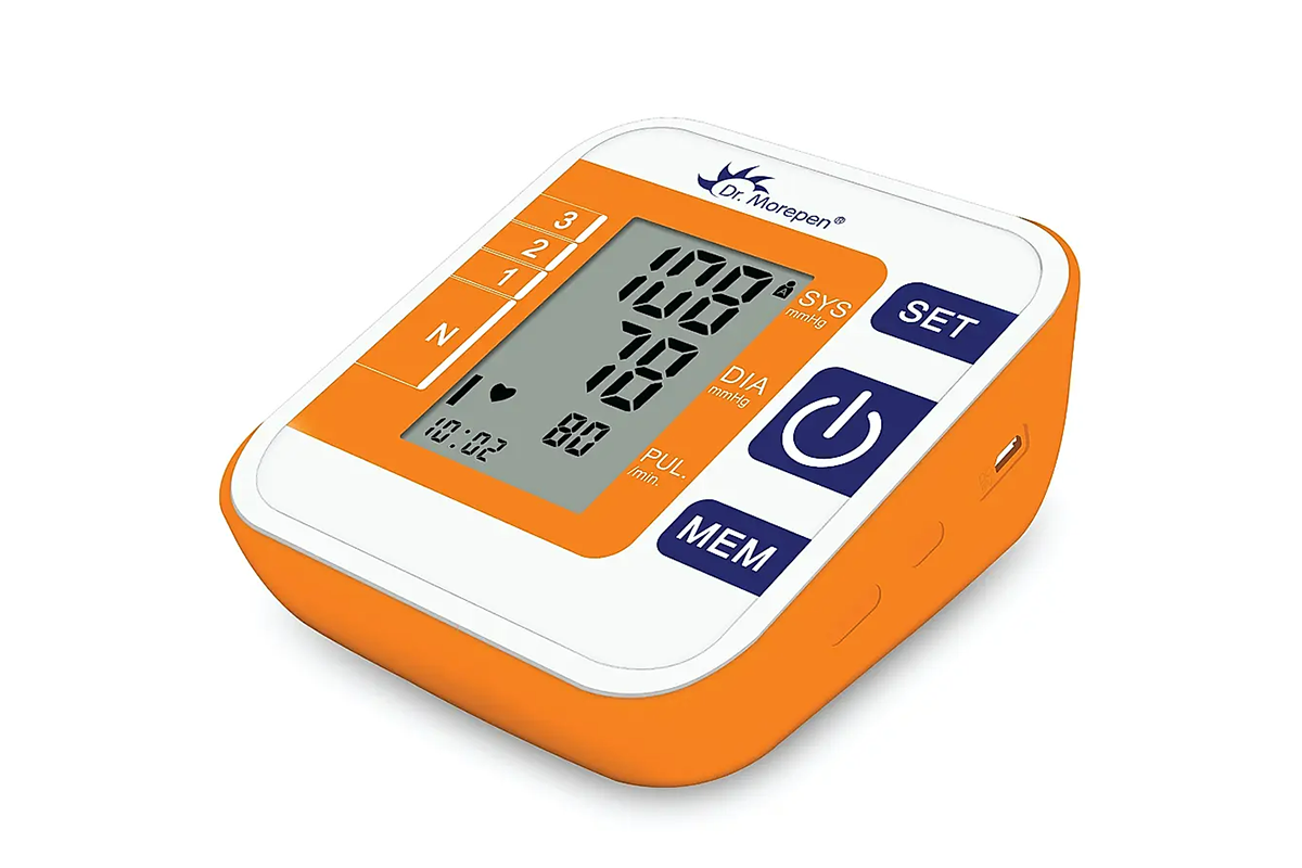Close-up of blood pressure monitor cuff in black nylon material