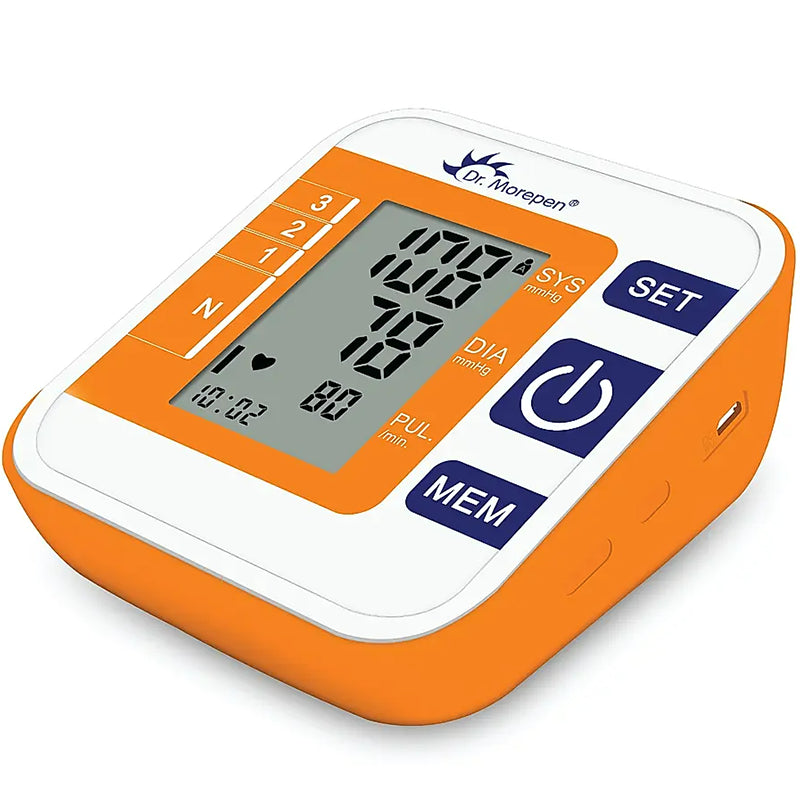 Blood pressure monitor upper-arm view showing large digital display