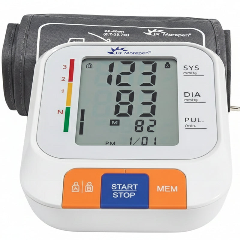 Blood pressure monitor front view showing large clear display