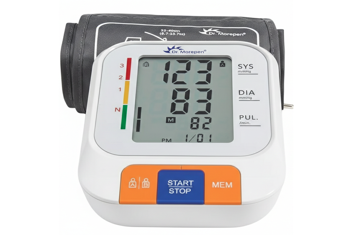 Side angle of blood pressure monitor with adjustable cuff attached